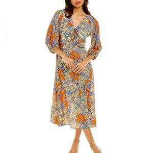 Traffic People Purity Floral Ruched Neck Midi Dress Blue Gray Orange Size M Boho